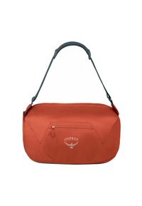 Borsa a tracolla rossa in tessuto con una tracolla grigia testurizzata, tasca con zip sul lato e un logo bianco sul davanti. Finitura in tessuto liscia.