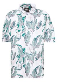 Kortärmad skjorta med vit bakgrund och mönster av gröna och rosa blad, med krage och knäppning fram.