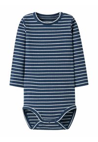 Granatowy prążkowany bodysuit z długim rękawem, z białymi poziomymi paskami, okrągłym dekoltem i zapięciami na zatrzaski u dołu, co ułatwia zakładanie.