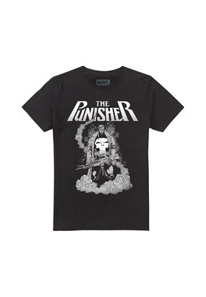 Black Marvel T-shirt with "The Punisher" text and graphic of Punisher holding a rifle surrounded by smoke and flames.