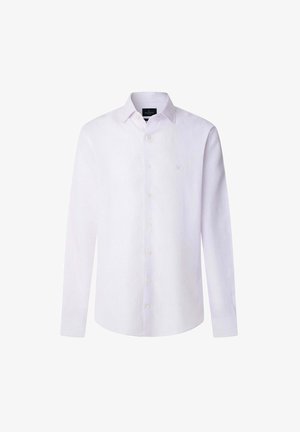 Weißes Langarmhemd mit Knopfleiste, dezenten vertikalen Streifen und einem kleinen gestICKten Logo auf der linken Brust.