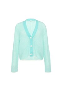 Hellblauer Cardigan aus weichem, strukturiertem Stoff mit tiefem V-Ausschnitt, langen Ärmeln und vier Knöpfen zum Schließen vorne.