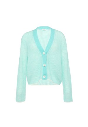 Hellblauer Cardigan aus weichem, strukturiertem Stoff mit tiefem V-Ausschnitt, langen Ärmeln und vier Knöpfen zum Schließen vorne.