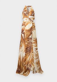 Robe maxi sans manches avec imprimé de feuilles tropicales marron, encolure halter et découpes latérales, tissu léger et fluide.