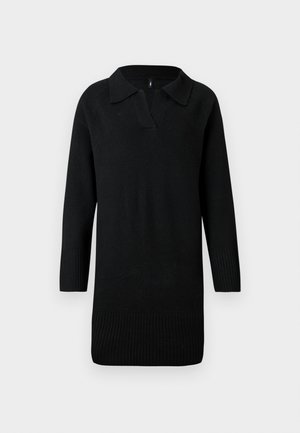 Black long-sleeve knitted sweater dress with collar, V-neck opening, and ribbed cuffs and hem, displayed on a plain light background.