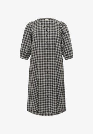 Mustvalge kootud kleit pehmest kangast, millel on V-kaelus, lühikesed puhviku põlved ja nööbiga esikülg, millel on kaarjas hemline.