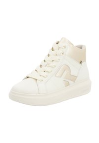 High-top sneakers made of white leather with a beige glossy ankle, featuring laces, rounded toe, and a thick, textured white sole.