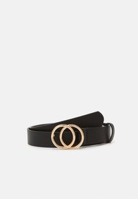 Black leather belt featuring two gold circular rings as a buckle, smooth texture, and a minimalist design. Adjustable length.