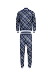 Tamsiai mėlynos ir šviesiai mėlynos langeliais dryžuotas sportinis kostiumas su užtrauktuku ir elastinga juostos kelnėmis. Yra raštuoti rankogaliai ir logotipo detalė ant striukės.