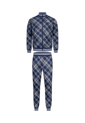 Chándal de cuadros en azul marino y celeste con chaqueta de cremallera y pantalones con cintura elástica. Cuenta con puños acanalados y detalle del logotipo en la chaqueta.