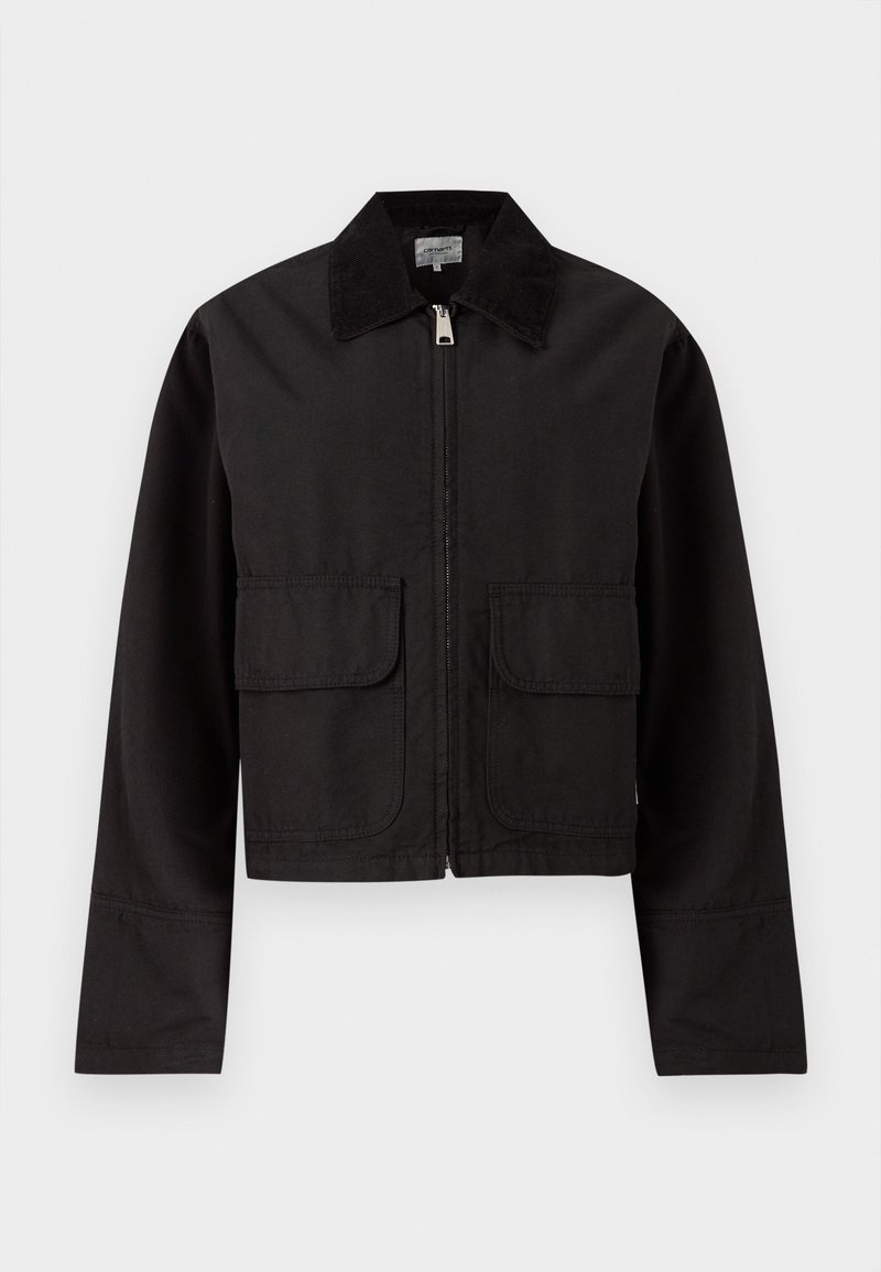 Black cropped jacket with front zipper, two large flap pockets, and a wide corduroy collar.
