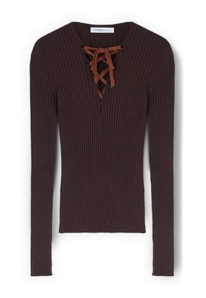Maglia a maniche lunghe a coste di colore marrone scuro con scollatura a V e dettagli in pizzo regolabili color bronzo. Tessuto morbido e testurizzato con design aderente.