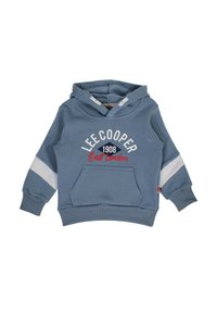 Sweat à capuche bleu pour enfants avec poche avant, rayures blanches sur les manches, et texte "Lee Cooper 1908 East London" sur la poitrine.