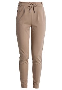 Beige op maat gemaakte broek met een trekkoord in de taille, geplooide voorkant, slim fit en een gladde textuur. Eenvoudig ontwerp zonder zichtbare zakken of accenten.