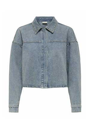 Light blue denim jacket featuring a pointed collar, long sleeves, and stud detailing along the chest pockets and collar. Cropped design.