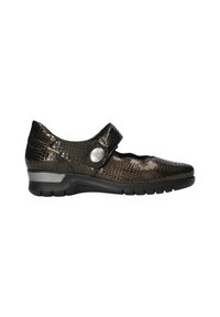 Zapato Mary Jane de cuero marrón oscuro con un patrón de cocodrilo, correa ajustable, acento plateado y un bajo tacón de goma negra.