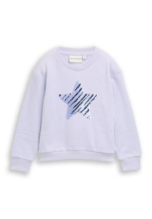 Fliederfarbener Kinder-Sweatshirt mit langen Ärmeln, gerippten Bündchen und einem großen, pailettenbesetzten Stern in Blautönen auf der Vorderseite.