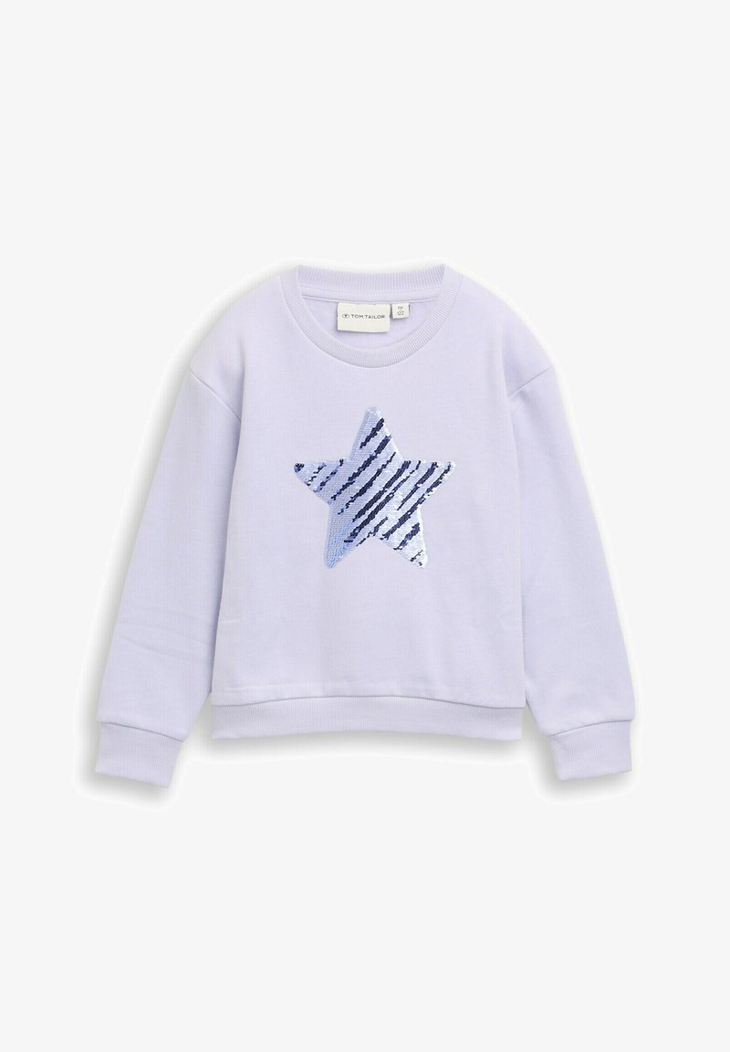 Sweat-shirt enfant lilas à manches longues avec poignets côtelés et grand motif étoile pailletée dans des tons bleus sur le devant.
