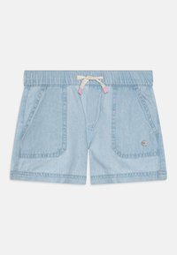 Denim shorts i lyseblå, med elastisk linning, kremfarget snor og rosa detaljer, samt to frontlommer.
