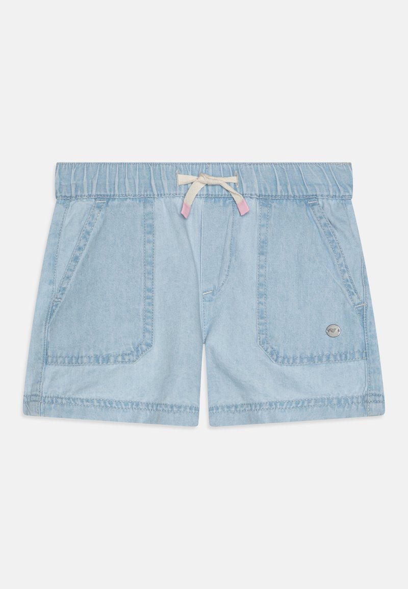 Denim shorts i lyseblå, med elastisk linning, kremfarget snor og rosa detaljer, samt to frontlommer.