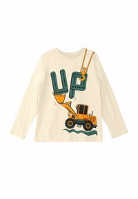 Langärmliges cremefarbenes T-Shirt mit einem Grafikdesign eines grünen und orangefarbenen Baustellenfahrzeugs, das den Text "UP" in fetten Buchstaben zeigt. Aus glattem Baumwollstoff.