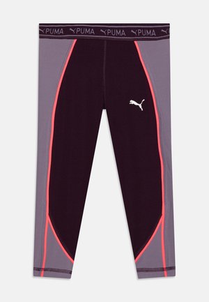 Leggings PUMA em roxo escuro e cinza com detalhes em rosa neon, apresentando um material elástico, design ajustado e logótipo na cintura.
