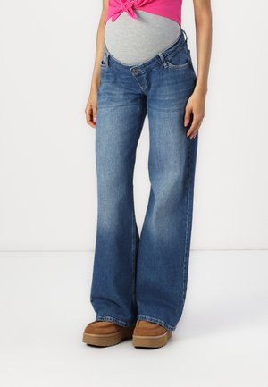 Graviditetsbyxor med vida ben i medelblå denim med medelhög midja, med en bältespanel och två framfickor.