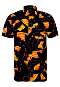 Schwarzes kurzärmeliges Hemd mit Knöpfen, das mit leuchtend orangefarbenen und gelben abstrakten Blattmustern sowie einer Brusttasche versehen ist.