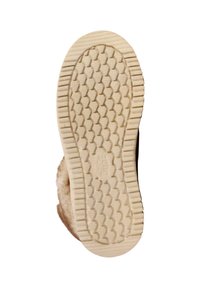 Suela de zapato con un patrón de tracción en forma de panal, de color marrón claro, material de goma y superficie texturizada para agarre y durabilidad.