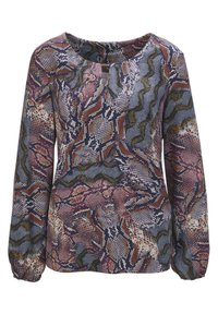 Langärmlige Bluse mit einem mehrfarbigen abstrakten Muster in Lila, Blau und Grün, einem rundem Ausschnitt und gerafften Manschetten.