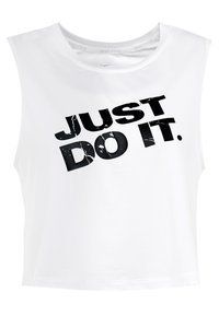Maglietta atletica senza maniche Nike Pro bianca con grande testo nero "JUST DO IT." in carattere usurato sulla parte anteriore.