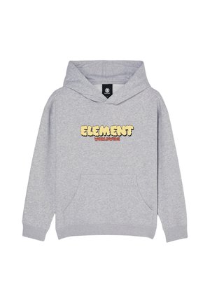 Sweat à capuche gris clair avec "ELEMENT" en lettres bulles jaunes et "WORLDWIDE" en texte rouge sur la poitrine, poche kangourou et capuche.