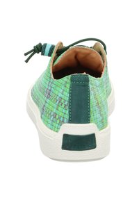 Green woven sneakers with a textured design, featuring a contrasting dark green heel panel and white rubber sole.