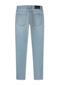 Lichtblauwe denim jeans met een slim fit, voorzien van twee achterzakken en een merklabel in het zwart op de tailleband. Glad uiterlijk over de gehele stof.