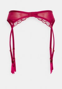 Cinta de liga de lingerie cetim marrom, com acabamento de renda em forma de escama, quatro tiras ajustáveis e detalhes em tom de ouro para fecho.