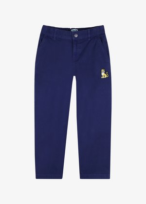 Marineblauwe broek van katoen, met elastische tailleband, voorzakken en een geborduurd tijgermotief op de linkerzak.