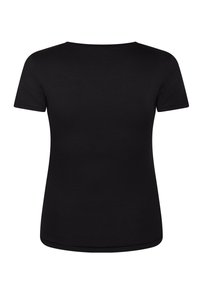 Zwarte t-shirt met korte mouwen en een ronde halslijn, gemaakt van zacht katoen. Soepele textuur, eenvoudig ontwerp, geen zichtbare logo's of patronen.