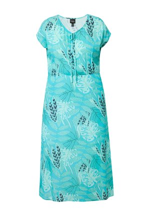 Vestido turquesa hasta la rodilla con mangas cortas, escote redondo, detalle de lazo y patrones de hojas claras y oscuras.