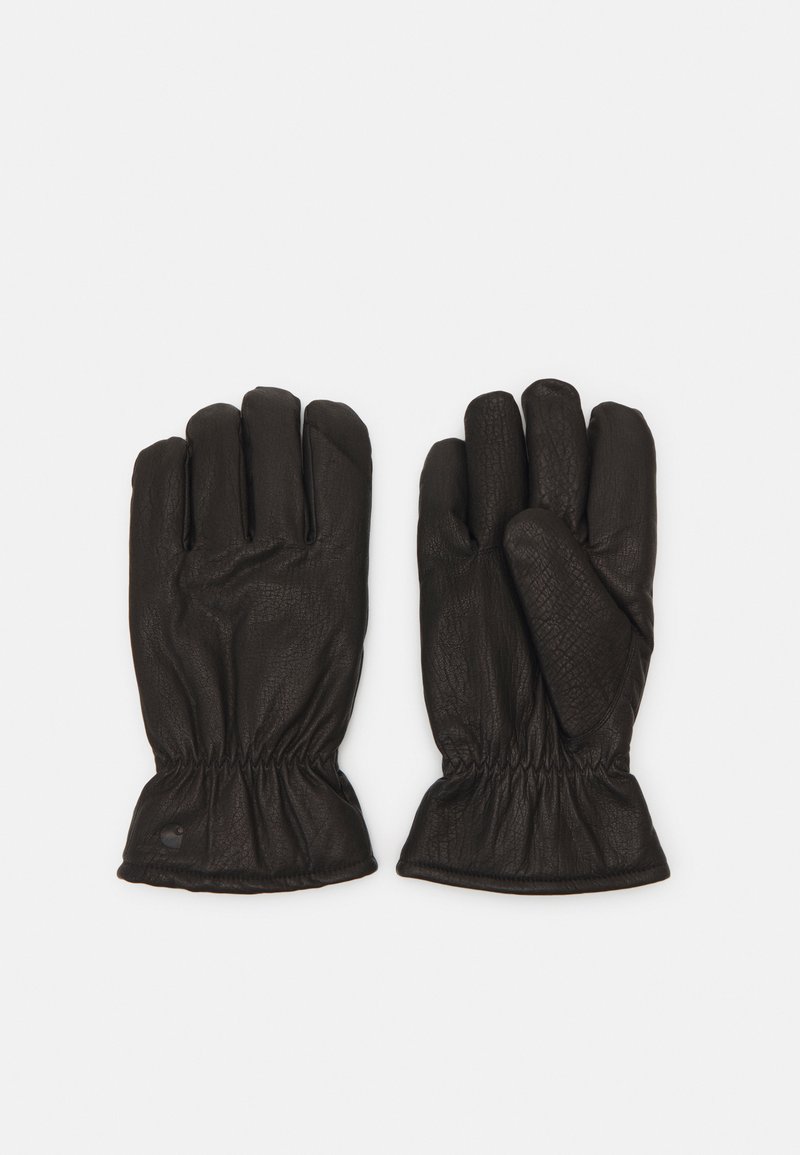 Black leather gloves with a textured finish, featuring an elastic cuff for a snug fit and five individual finger sections.