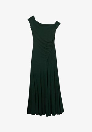 Tmavě zelené bezramínkové šaty s kulatým výstřihem, bočním nařasením a rozšířenou, dlouhou sukní. Vyrobeno z jemné, pružné tkaniny.