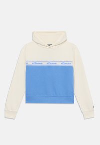 Felpa con cappuccio, con la parte superiore crema e la parte inferiore blu. Presenta una striscia con il logo sul petto in testo blu su fondo bianco.