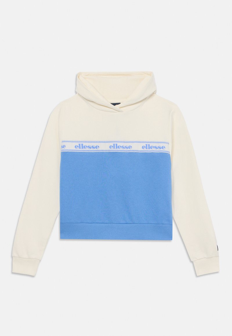 Felpa con cappuccio, con la parte superiore crema e la parte inferiore blu. Presenta una striscia con il logo sul petto in testo blu su fondo bianco.