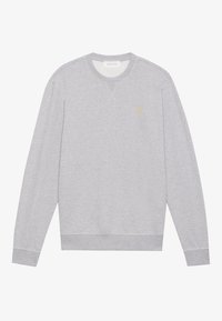 Hellgrauer Sweatshirt aus weichem Stoff, mit Rundhalsausschnitt, langen Ärmeln und einem kleinen goldenen Logo auf der Brust. Gerippte Bündchen und Saum.
