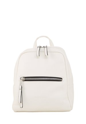 White leather backpack with a structured shape, featuring a front zip pocket, dual top handles, and silver hardware accents.