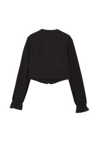 Giacca nera cropped con maniche lunghe, realizzata in tessuto liscio. Presenta polsini arricciati e un orlo arrotondato sul retro. Design semplice e sartoriale.