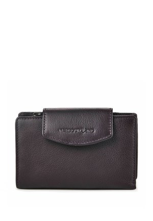 Cartera de cuero marrón oscuro con cierre de solapa, con el logo de Harbour 2nd en relieve, costuras detalladas y compartimento con cremallera.