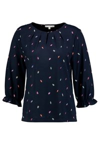 Námorní modrá blůza s tříčtvrtečními rukávy, která má výstřih ve tvaru klíčové dírky a multibarevné vzory listů po celém povrchu. Měkká tkanina s uvolněným střihem.