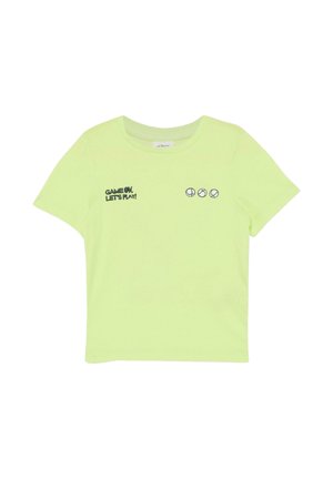 Light green short-sleeve t-shirt with text "GAME ON, LET'S PLAY!" and three small baseball icons on the chest.