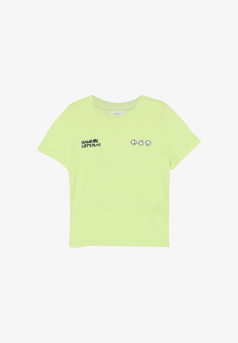 T-shirt à manches courtes vert clair avec le texte "GAME ON, LET'S PLAY !" et trois petites icônes de baseball sur la poitrine.