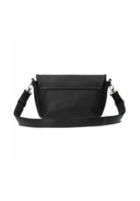 Borsa a tracolla in pelle nera con un design strutturato, un coperchio superiore piatto e una tracolla regolabile. Presenta una tasca posteriore con zip.